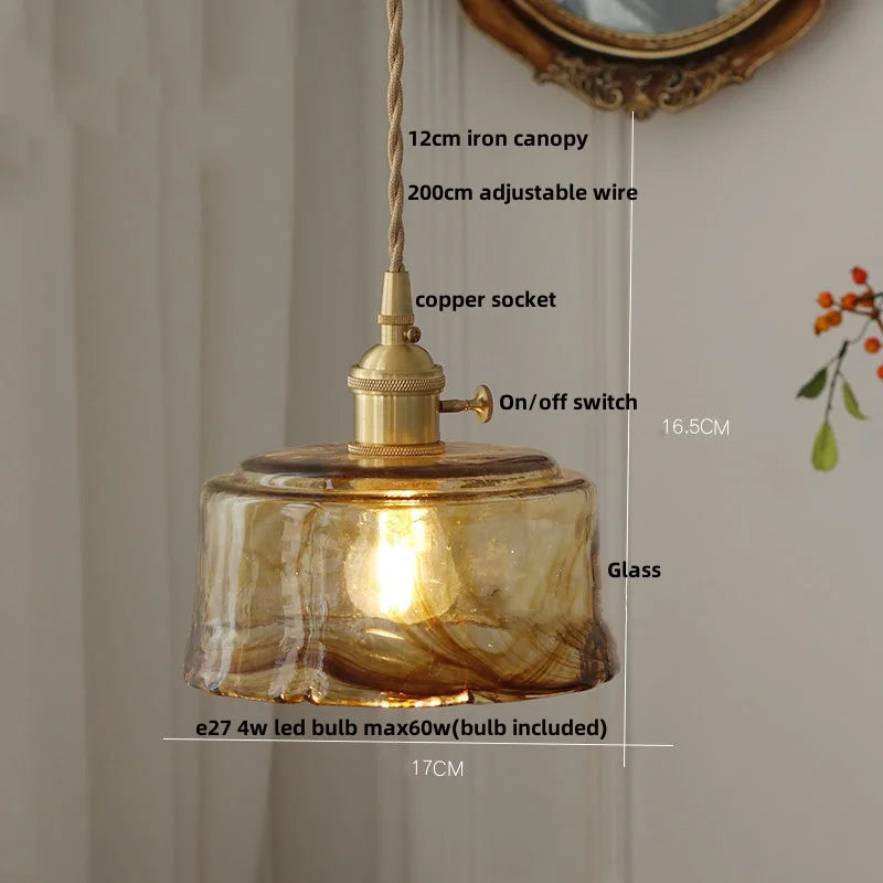 Helnys Amber Glass Pendant Lights with Brass Knob Switch and LED