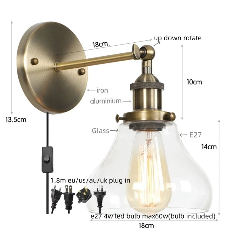 Helnys Industrial Iron LED Wall Lights with Pull Chain Switch