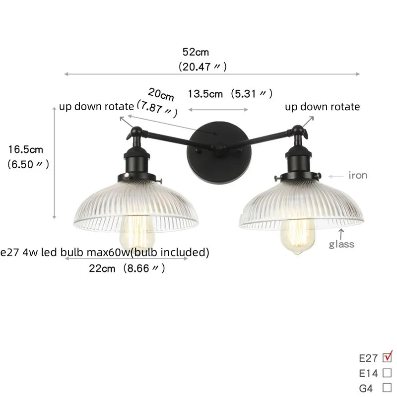 Helnys Industrial LED Wall Light with White Glass, Pull Chain Switch, 2 Heads