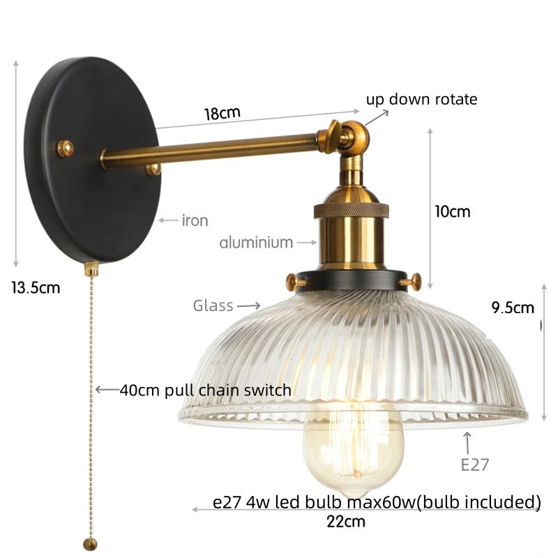 Helnys Vintage LED Wall Light with Pull Chain Switch, Rustic Industrial Bedside Lamp