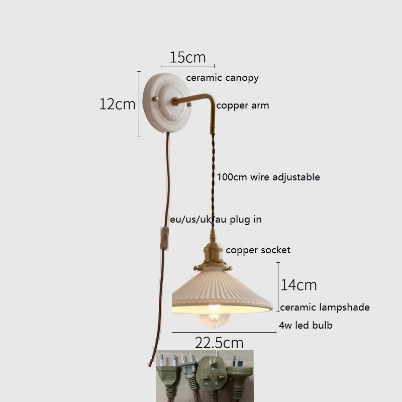 Helnys Ceramic LED Wall Sconce Copper Arm Adjustable Mirror Light