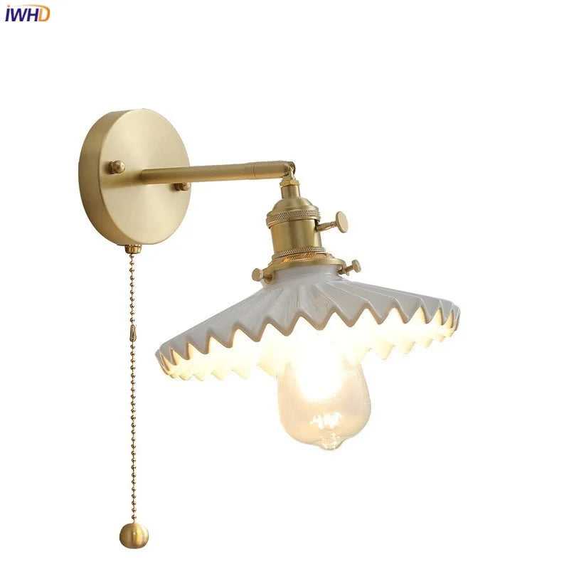 Helnys Ceramic LED Wall Lamp with Pull Chain for Bedroom Bathroom Mirror