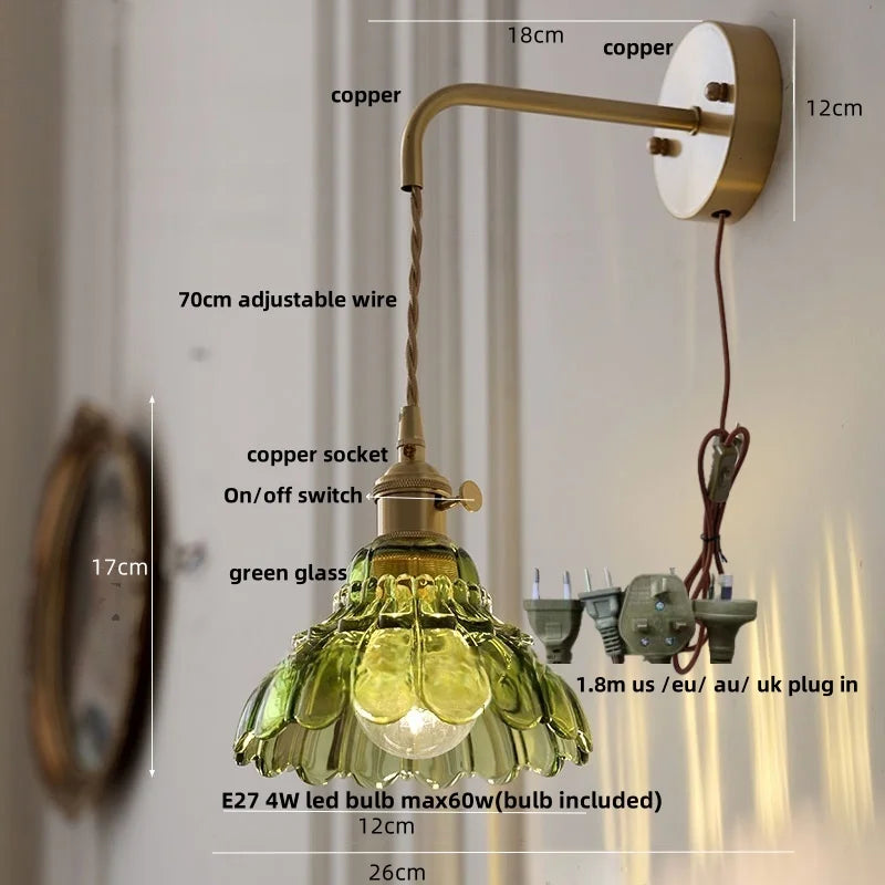 Helnys Amber Glass LED Wall Light with Pull Chain Switch
