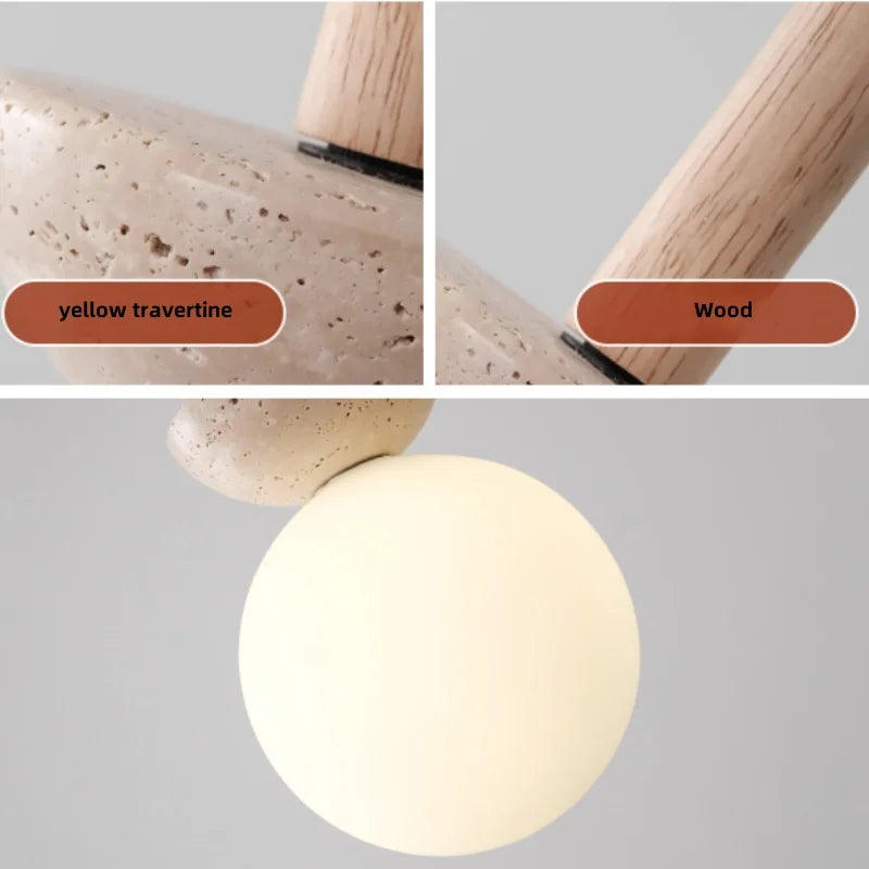 Helnys White Glass LED Pendant Lights - Modern Nordic Yellow Travertine Wood Hang Lamp
