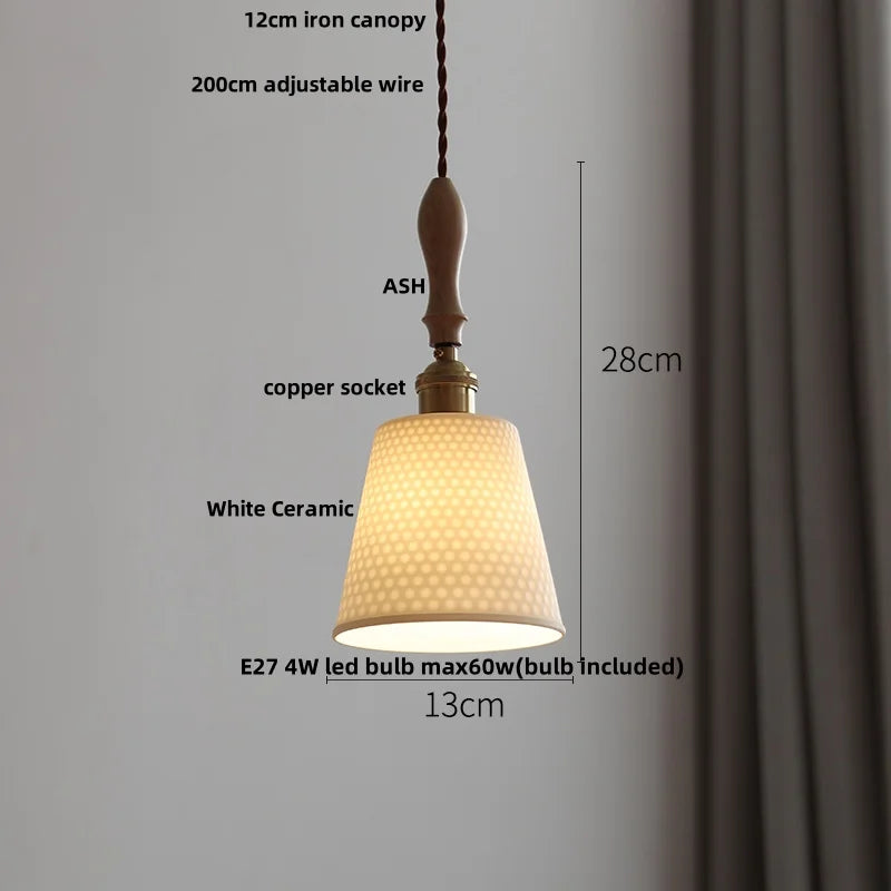 Helnys Adjustable LED Pendant Lights Ash Wood White Ceramic Nordic Hanging Lamp