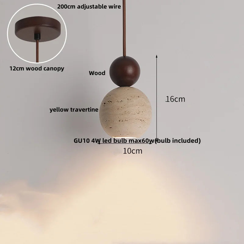 Helnys Adjustable LED Pendant Lamp Nordic Modern Yellow Travertine Wood Fixture