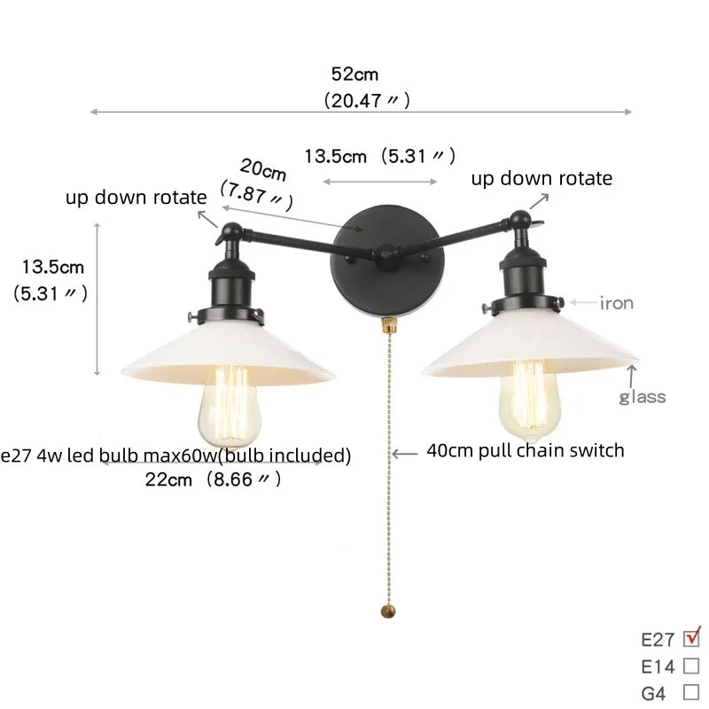 Helnys Industrial LED Wall Light with White Glass, Pull Chain Switch, 2 Heads