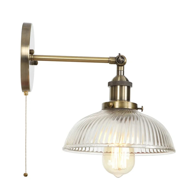 Helnys Glass Industrial LED Wall Sconce Pull Chain Switch Bedside Lamp