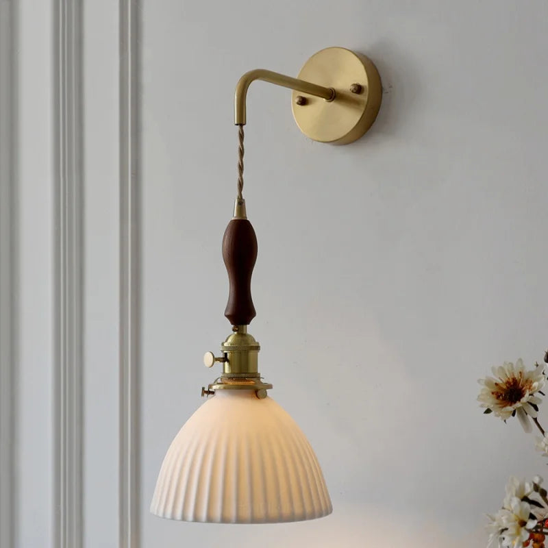 Helnys Walnut Wood LED Wall Sconce Modern Copper Pull Chain Switch Stair Light Fixtures