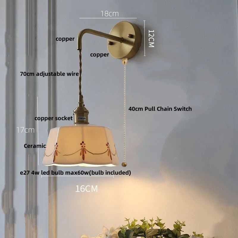Helnys LED Ceramic Brass Wall Light Fixture Pull Chain Switch Bedside Lamp