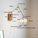 Helnys Cube Glass LED Wall Lamp Sconce with Pull Chain Switch Rotation Wood Arms