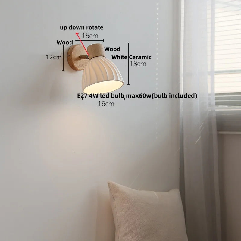 Helnys Ceramic LED Wall Light, Modern Nordic Rotate Wood Bedside Lamp