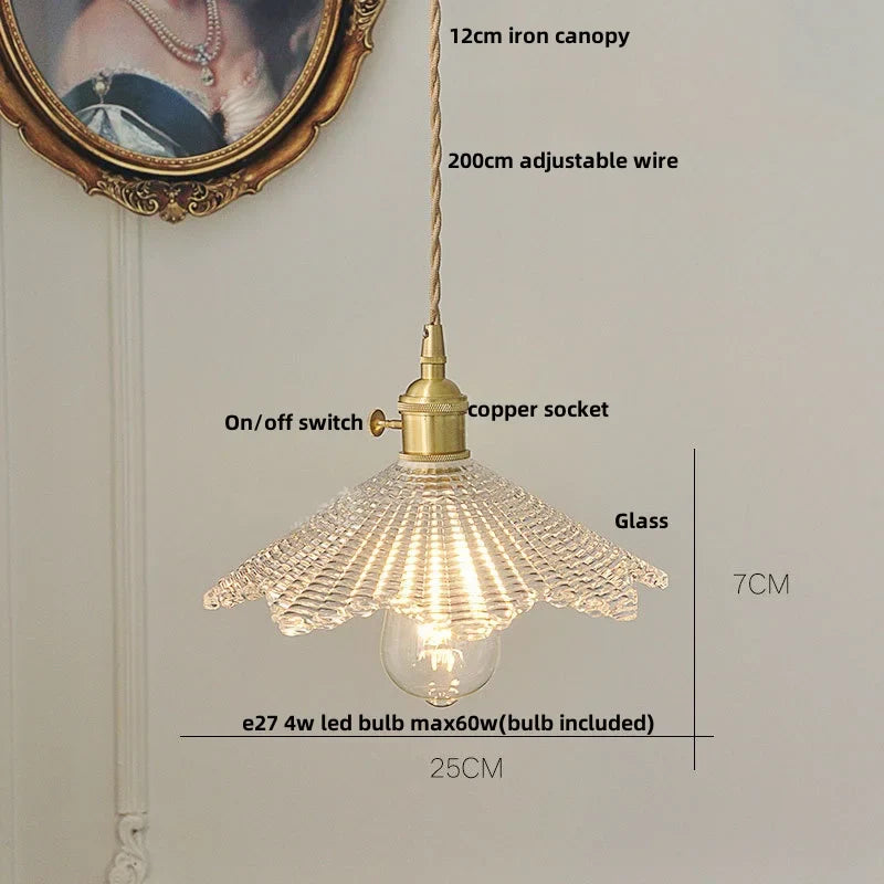 Helnys Clear Glass LED Pendant Lamp with Adjustable Wire and Copper Knob Switch