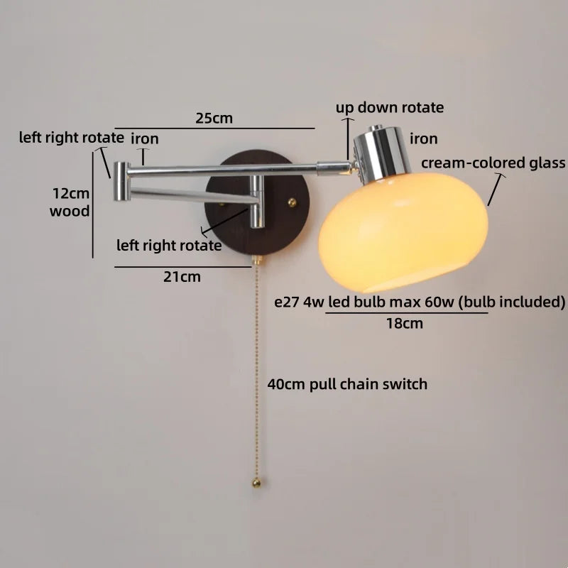 Helnys Swing Arm LED Wall Lamp with Switch - Flexible Glass Iron Design