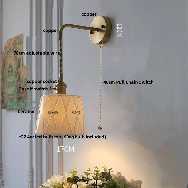 Helnys LED Ceramic Brass Wall Light Fixture Pull Chain Switch Bedside Lamp