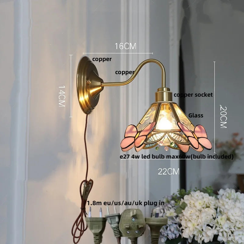 Helnys Vintage Style Blue Flower Glass Wall Sconce LED Lamp