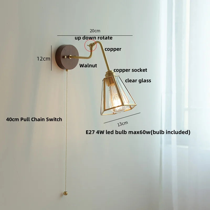 Helnys Clear Glass LED Wall Sconce with Pull Chain Switch & Rotating Walnut Wood Arm