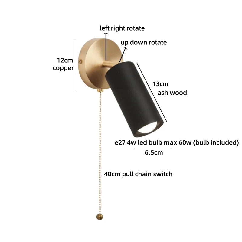 Helnys LED Wall Lights Walnut Ash Wood Gold Vintage Brass Living Room Bedroom Lamp