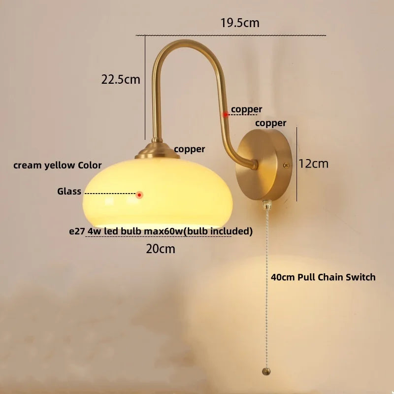 Helnys Glass LED Wall Sconce with Pull Chain Switch, Copper Nordic Bathroom Light