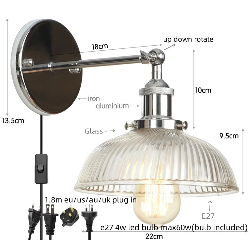 Helnys Clear Glass LED Wall Sconce Rural Bedroom Living Room Light Fixtures