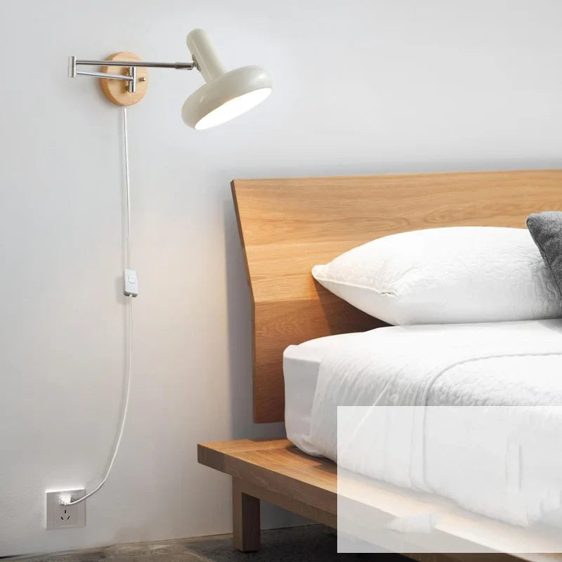 Helnys LED Wall Sconce Rotate Pull Chain Switch Wood Base Bedside Lamp