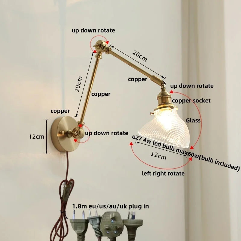 Helnys Brass Swing Arms LED Wall Light, Modern Nordic Clear Glass Bedside Lamp