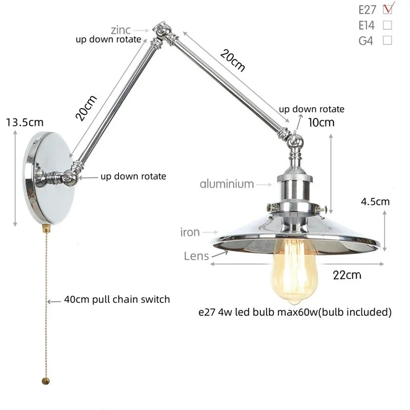 Helnys Vintage Industrial Style Long Arm LED Wall Sconce Bedside Lamp