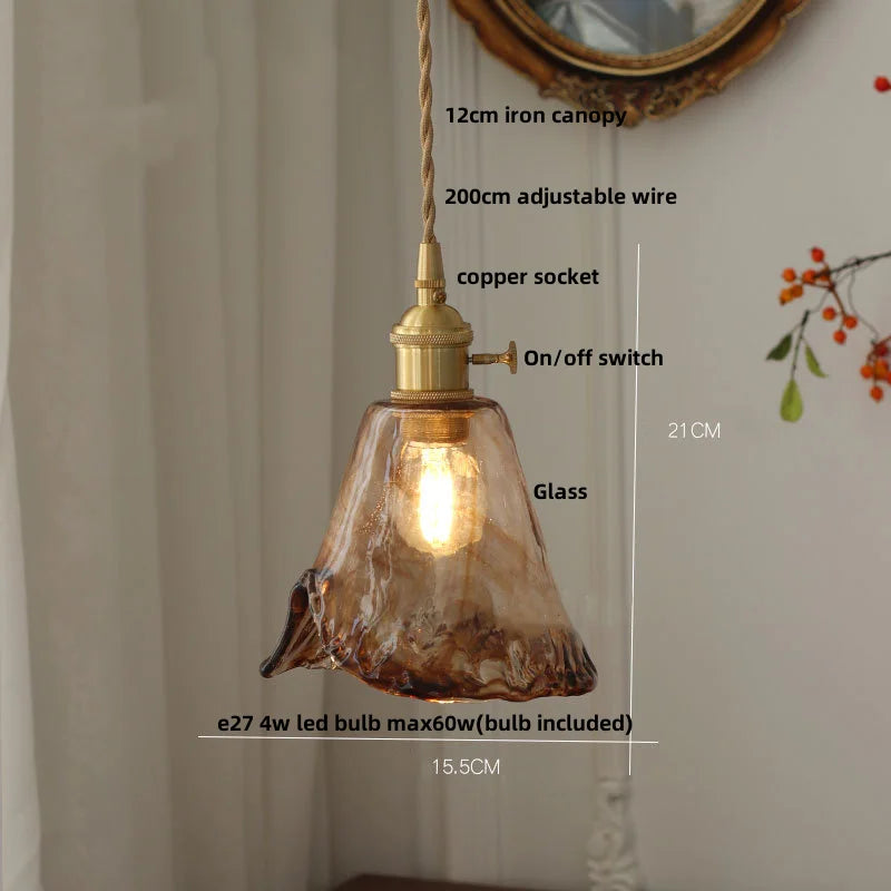 Helnys Amber Glass LED Pendant Light with Adjustable Copper Wire - Loft Style