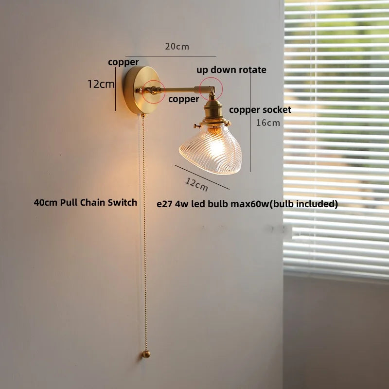 Helnys Brass Swing Arms LED Wall Light, Modern Nordic Clear Glass Bedside Lamp