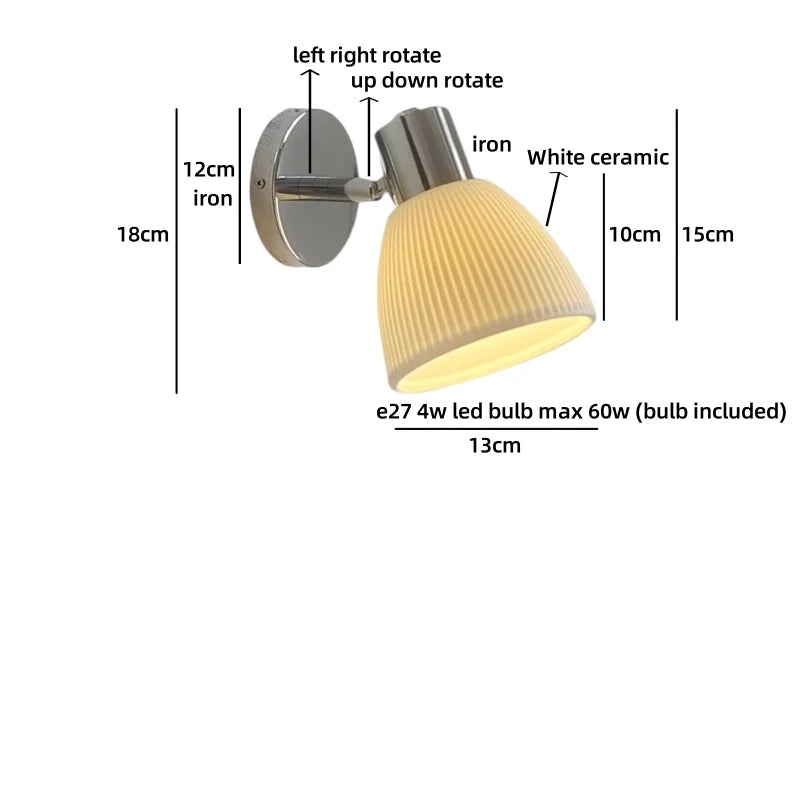 Helnys Nordic LED Wall Lamp with Switch, Up Down Rotation, Modern White Ceramic Shade