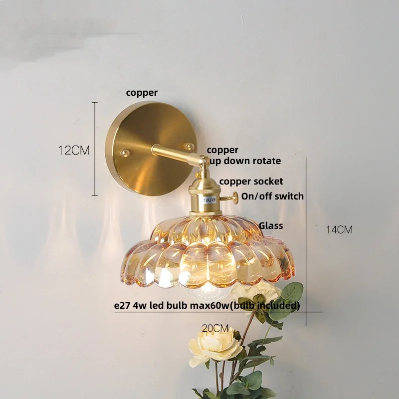 Helnys LED Wall Lights with Pull Chain Switch and Clear Glass Up Down Rotate Copper Finish