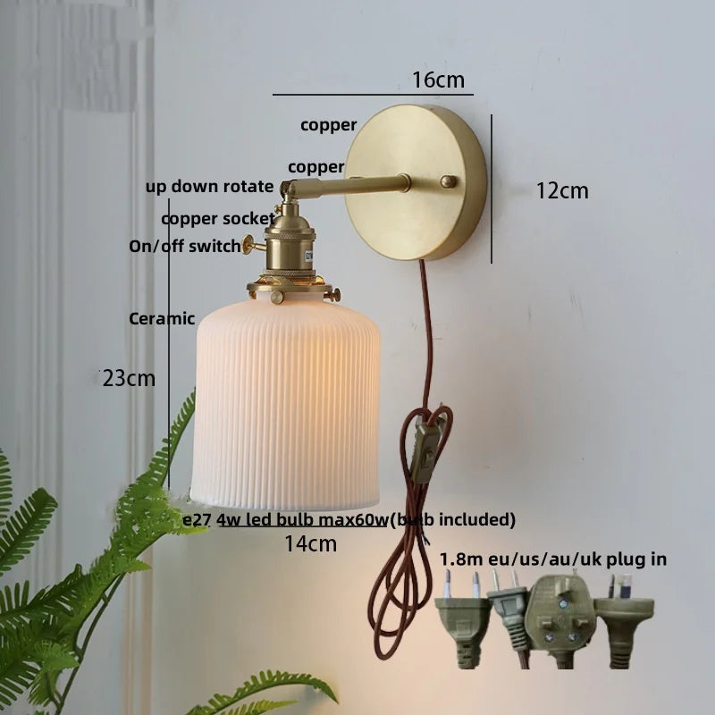 Helnys Walnut Wood LED Wall Sconce Modern Copper Pull Chain Switch Stair Light Fixtures
