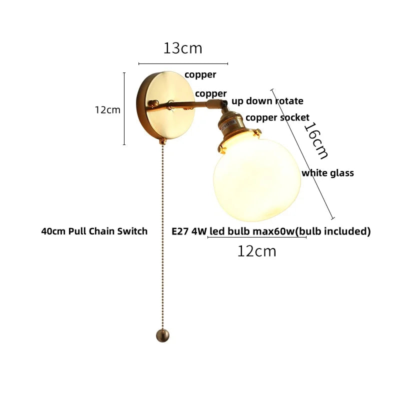 Helnys Glass LED Wall Sconce with Pull Chain Switch - Modern Nordic Bathroom Mirror Light