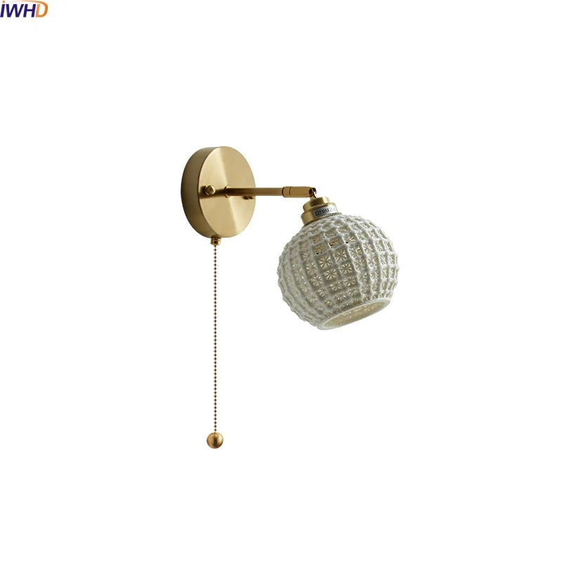 Helnys Ceramic Vintage LED Wall Light Bathroom Round Design Pull Chain Bedside Lamp