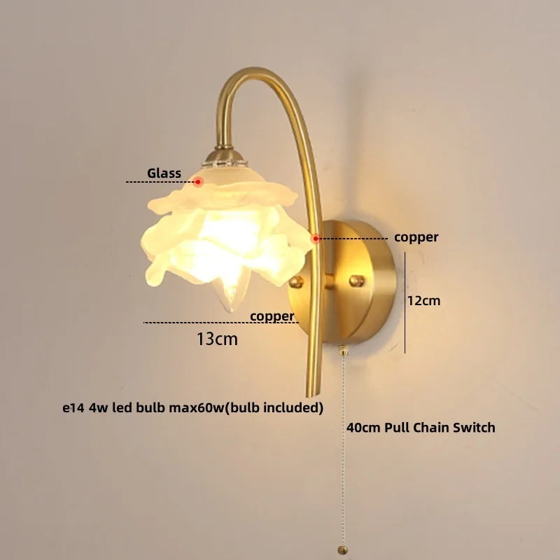 Helnys Glass LED Wall Sconce Pull Chain Switch Copper Base Stair Light