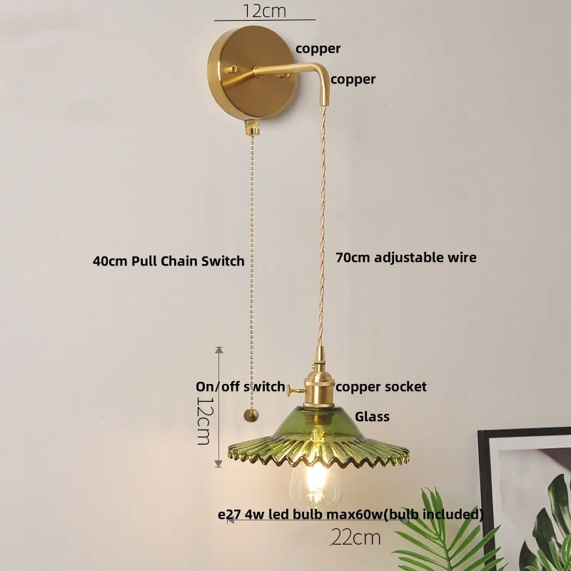 Helnys Green Glass LED Wall Lights with Pull Chain Switch for Home Decor