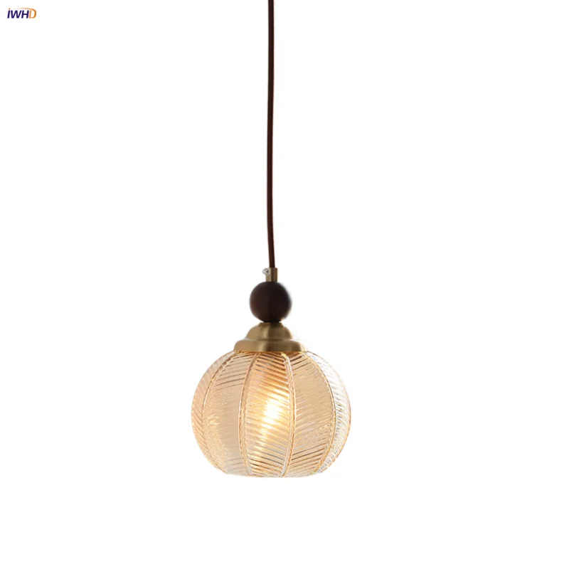Helnys Amber Glass LED Pendant Light Fixture with Walnut Wood Hanging Lamp Base