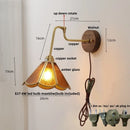 Helnys Walnut Base LED Wall Light with Pull Chain Switch and Rotating Copper Lampshade