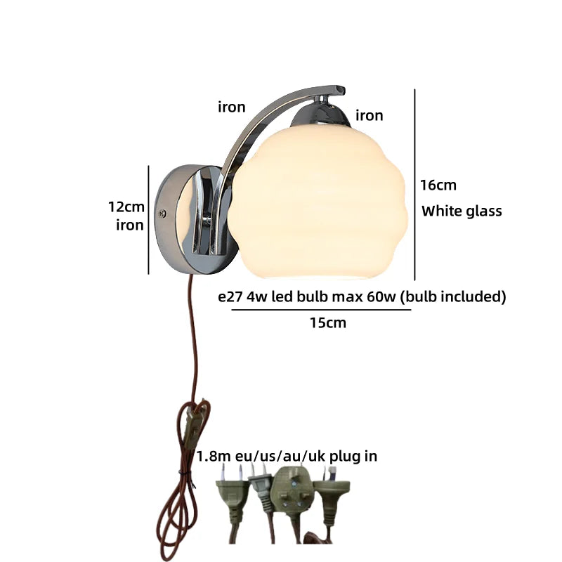 Helnys Nordic LED Wall Sconce with Switch, White Beige Glass, E27 Bulb, Bathroom Lights