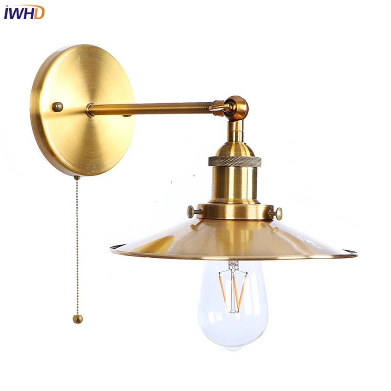 Helnys Loft LED Wall Lamp With Gold Pull Chain Switch - Industrial Vintage Design
