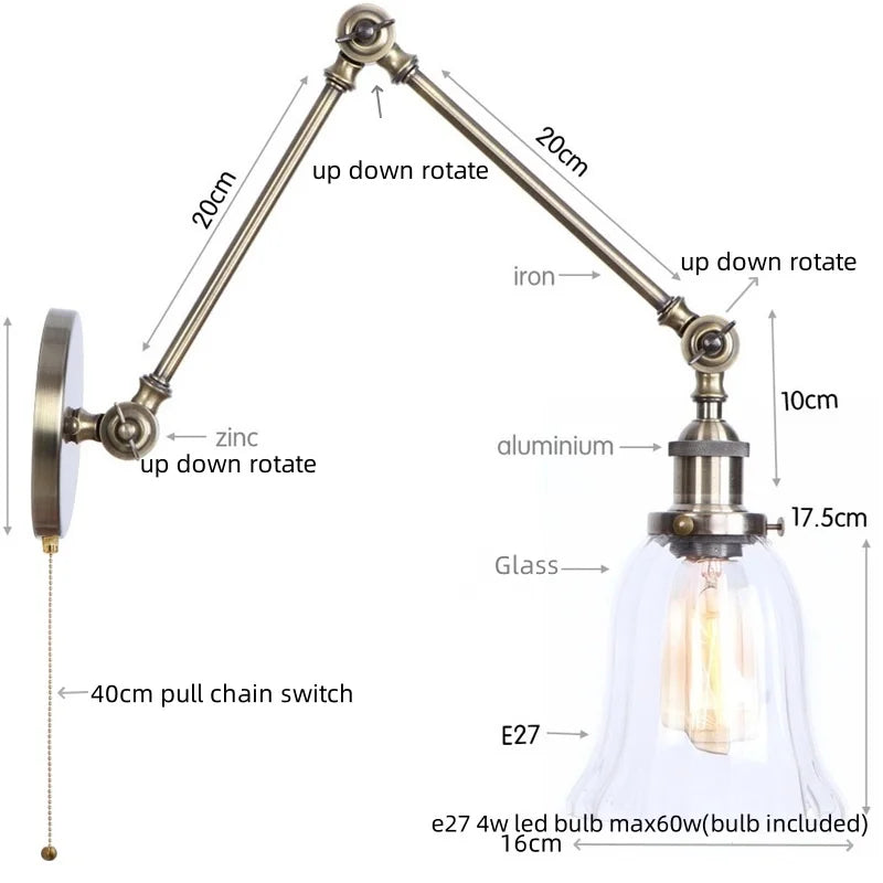 Helnys Vintage Clear Glass LED Wall Lamp with Pull Chain Switch