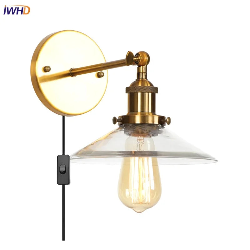 Helnys Vintage Industrial LED Wall Lamp Clear Glass Gold Bedside Light
