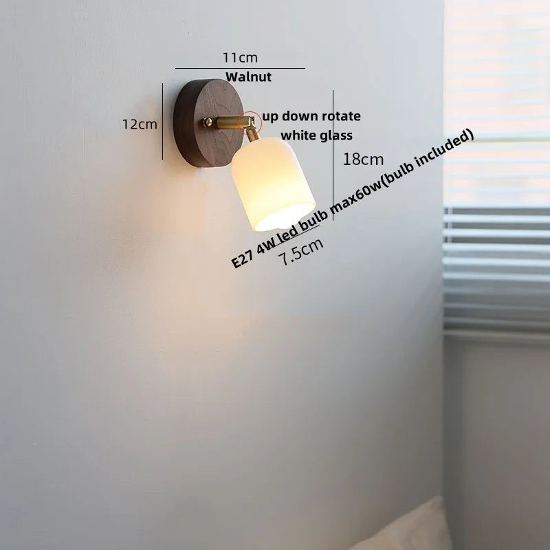 Helnys Nordic LED Wall Lamp Walnut Finish Pull Chain Switch Rotating Light