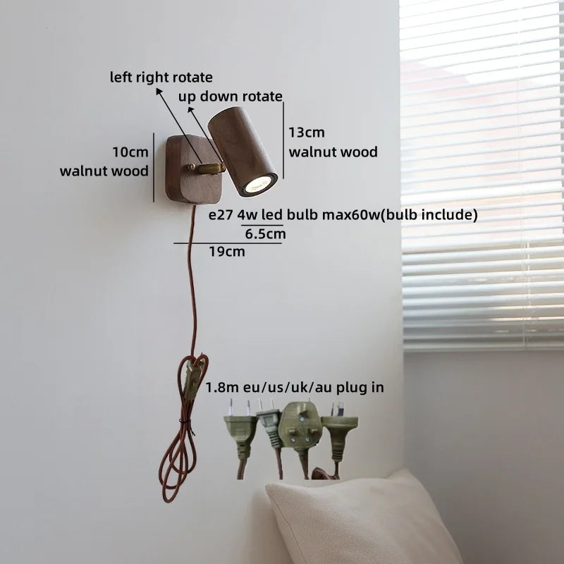 Helnys Wooden LED Wall Lamps for Bedroom Design Luminaire, Walnut Wood Shade, Bathroom Mirror, Stair Light