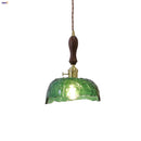 Helnys Green Glass LED Pendant Light with Walnut Wood Knob Switch