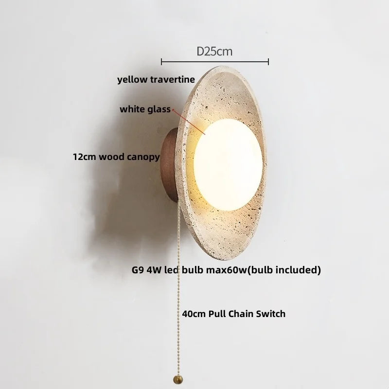 Helnys LED Wall Light with Wood Base, Natrual Yellow Travertine, Nordic Modern Design