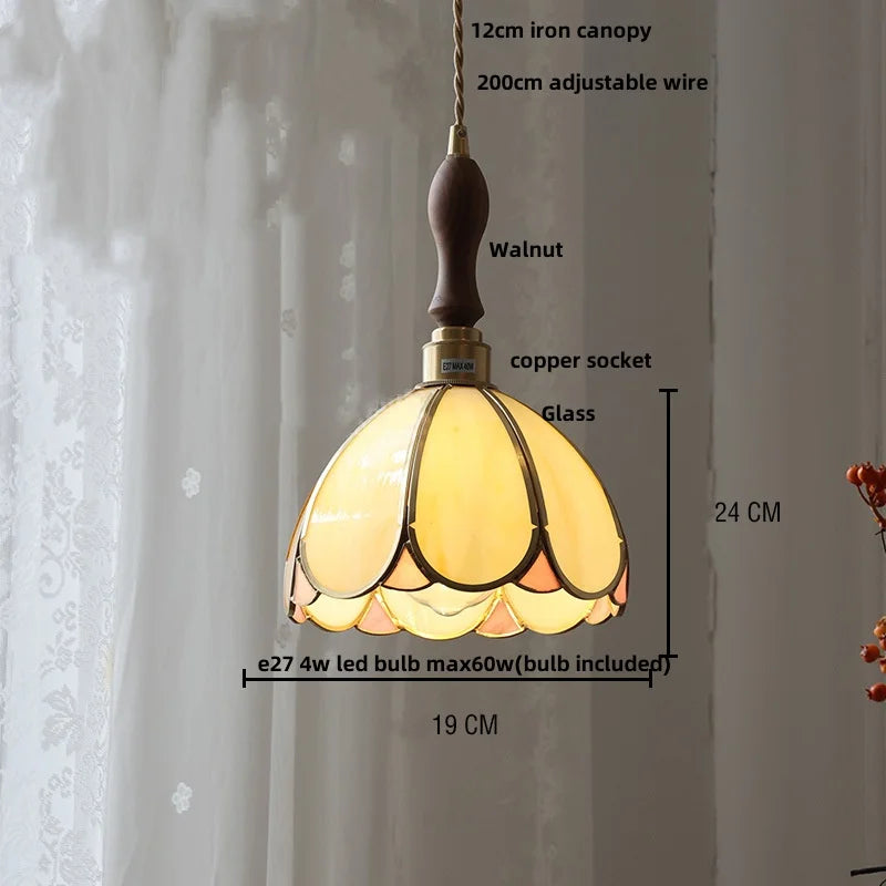 Helnys Vintage Brass Walnut Wood LED Pendant Light with Wine Red Glass