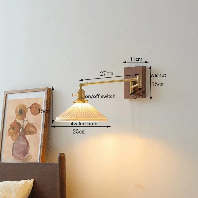 Helnys Walnut Ceramic LED Wall Lamp with Copper Arm, Rotating, Pull Chain Switch