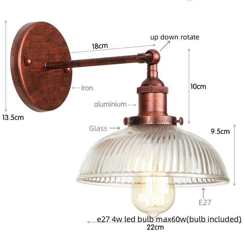 Helnys Vintage LED Wall Light with Pull Chain Switch, Rustic Industrial Bedside Lamp