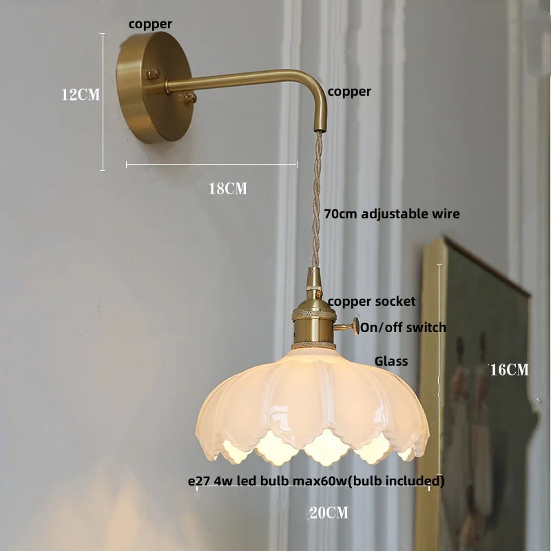 Helnys LED Wall Lights with Pull Chain Switch and Clear Glass Up Down Rotate Copper Finish